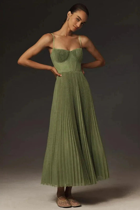Vestido midi de tul plisado con bustier y corte fit & flare